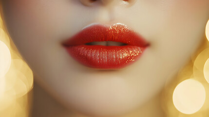Vibrant red lips of an Asian woman, smooth skin with slight shimmer, lips slightly parted, soft focus on lips and blurred golden background