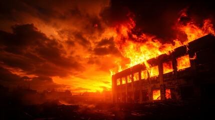 Fototapeta premium Graffiti-clad, abandoned building burning intensely against a pitch-black sky, embers and smoke rising, haunting and dramatic scene, digital art, moody atmosphere, insurance purpose focus