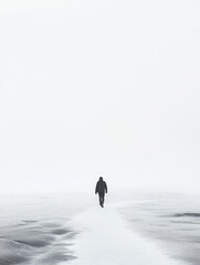 person walking solitude winter snow isolation fog landscape adventure wilderness cold journey nature minimalism simplicity monochrome desolate human 