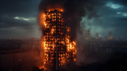 Fototapeta premium High-rise apartment building ablaze at night, vivid flames and dense smoke pouring out of shattered windows, chaotic fire emergency