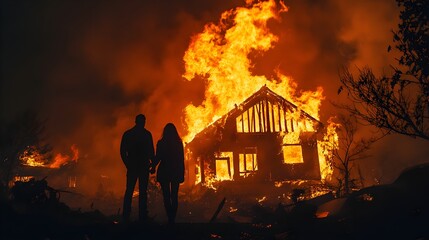 Fototapeta premium House ablaze under the dark sky, a family's silhouette captured in despair from a safe distance, flames dancing in the night, for insurance purposes