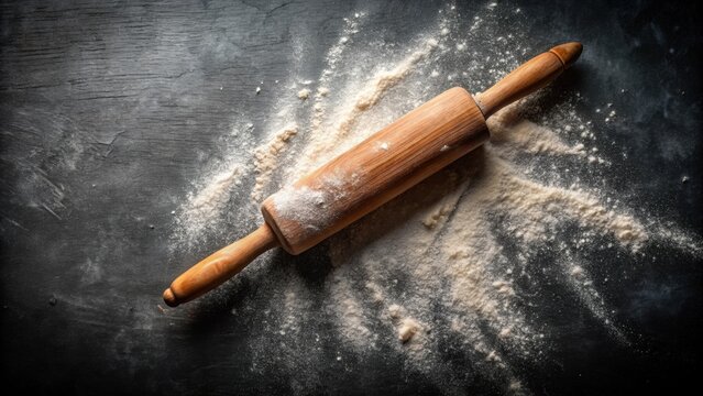Rolling pin and dough on a dark table with flour, homemade cakes, low key food preparation in dark rustic style, homemade