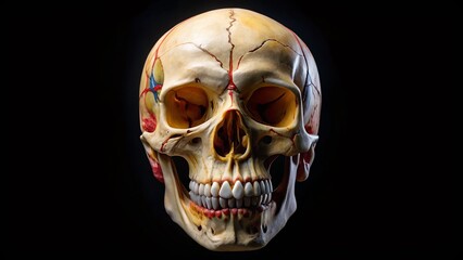 Fototapeta premium A human skull with visible sutures stands out on a black background, its nasal cavity a dark silhouette