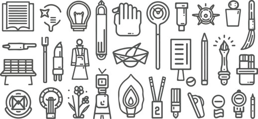 Art, creativity and graphic design related editable stroke outline icons set isolated on white background flat vector illustration