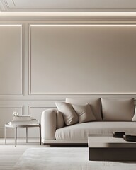 Modern Minimalist Living Room with Wall Molding, Sleek Furniture, and Soft Lighting for a Serene and Sophisticated Space