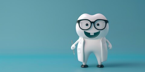 3d rendering of smiling teeth character wearing doctor's coat using glasses and stethoscope, with empty space area for text, character for dental health promotion