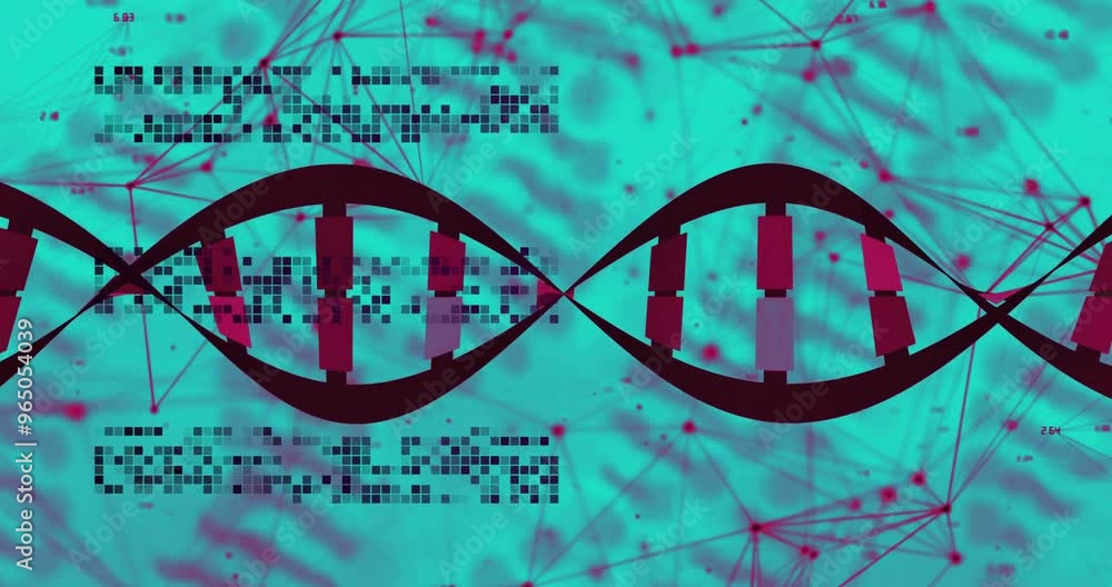 Poster animation of network of connections and data processing over dna strand spinning