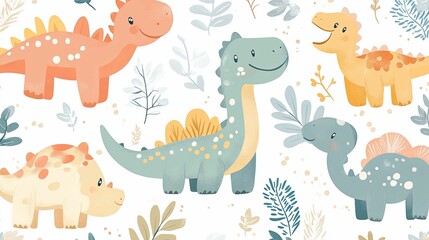 A Colorful Pattern of Cartoon Dinosaurs and Foliage