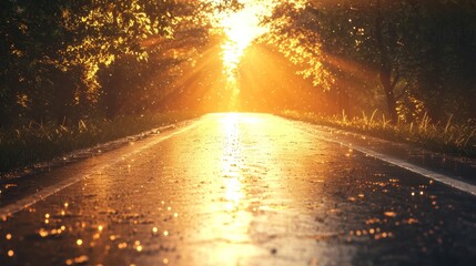 Obraz premium Sunlit Road at Dawn with Glowing Golden Rays in Tranquil Nature Landscape