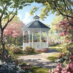 Obraz premium Tranquil Garden Gazebo Surrounded by Blooming Flowers and Lush Foliage