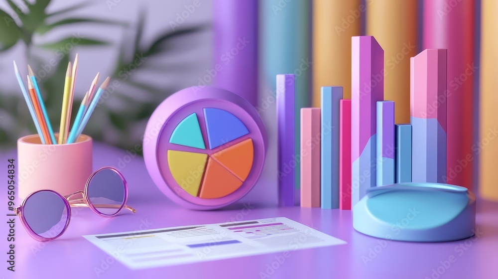 Poster colorful d charts graphs and data visualization on purple background