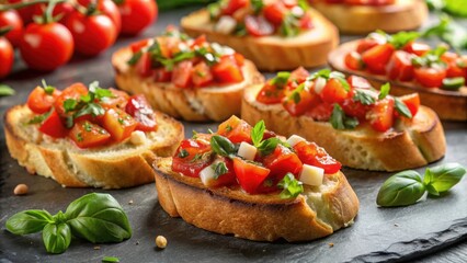 Close up view of crispy toasts with bruschetta toppings made from sliced baguette, toasts, bruschetta, sliced baguette