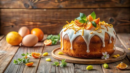 Traditional Easter yeast cake with icing and candied orange peel on wooden table , Easter, yeast cake
