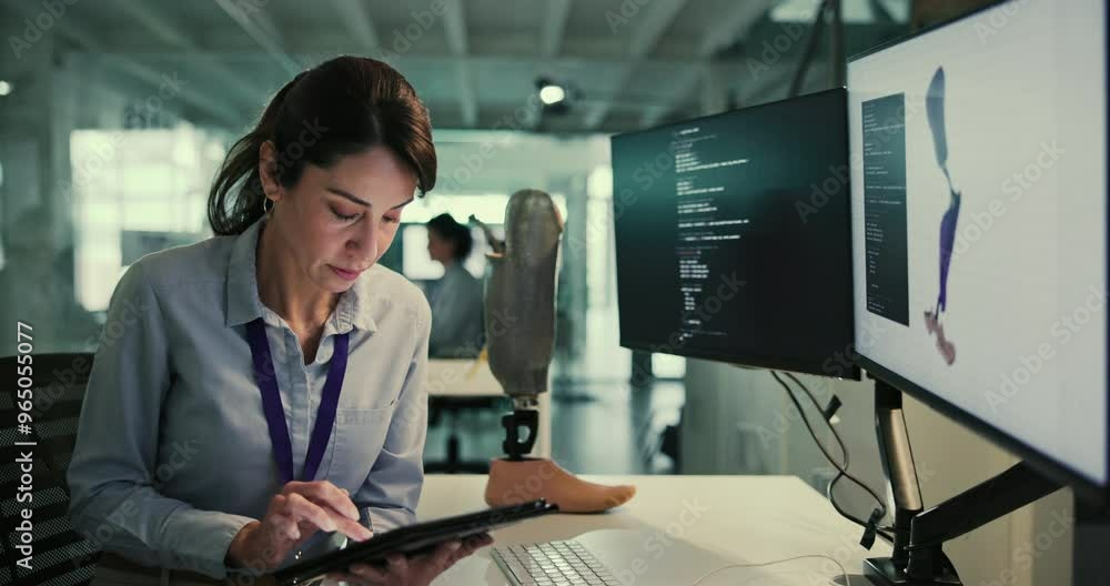 Aufkleber Prosthetics, research and woman with technology in office for artificial leg, development and innovation. Bionic limb, prototype and prosthetist with tablet by computer screen for biomechanics review