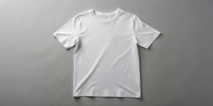 A pristine white cotton tee lies flat against a solid gray background, ready to be styled with precision,