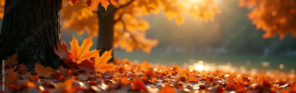 Wall mural autumn leaves at the base of a tree trunk in warm sunlight with a soft, scenic background