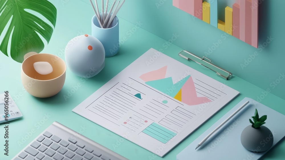 Poster minimalist workspace with chart keyboard and plant