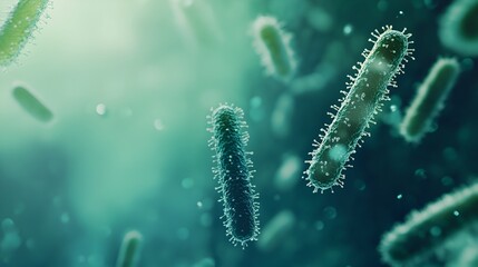 Fototapeta premium microscopic view of bacteria floating freely in water, with a smooth blue-green background, the image capturing the delicate movement of the microorganisms