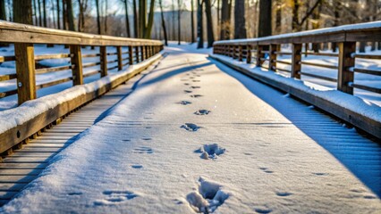 Obraz premium Crow tracks in snow on wooden path in winter park, crow, tracks, snow, wooden, path, park, winter, wildlife, nature, cold