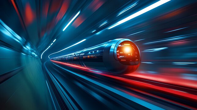 A futuristic hyperloop tunnel with a high-speed pod moving through it