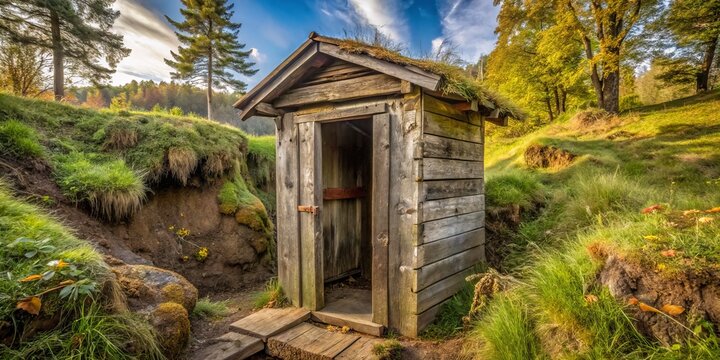 A rustic outdoor toilet is built above a deep hole, serving areas without modern plumbing where waste disposal