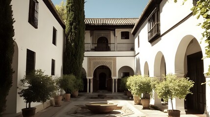 Naklejka premium Spanish Heritage Courtyard: Modern Minimalist Design with White Arches and Potted Plants for Cultural Heritage Month