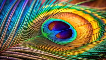 Obraz premium Closeup detail of a vibrant peacock feather with selective focus , peacock, feather, closeup, colorful, animal, wildlife, pattern