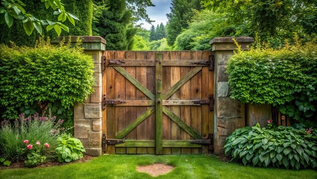 A rustic wooden gate, adorned with weathered hinges, securely frames an 8x12 foot area of lush greenery and
