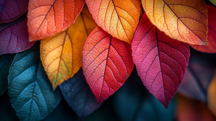 Vibrant autumn leaves in shades of red, orange, and teal.