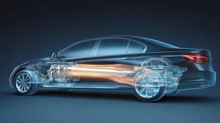 Naklejka premium A transparent view of a car showcasing its internal components, including the engine and drivetrain, illustrating the complexity of automotive engineering.