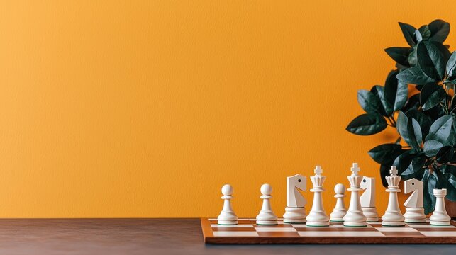 A stylish chess board setup against a vibrant orange background, featuring elegant white pieces and a green plant accent.