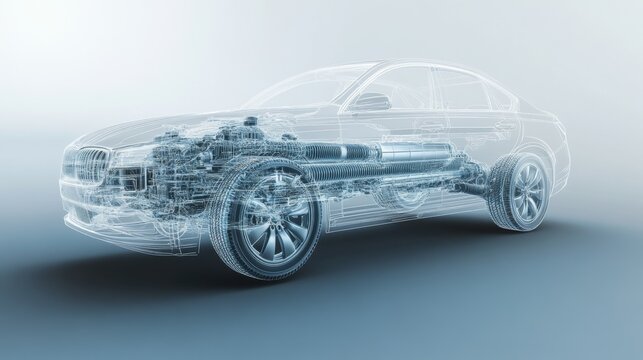 A semi-transparent illustration of a car showcasing its detailed internal mechanical components and structure, highlighting the complexity of automotive engineering.