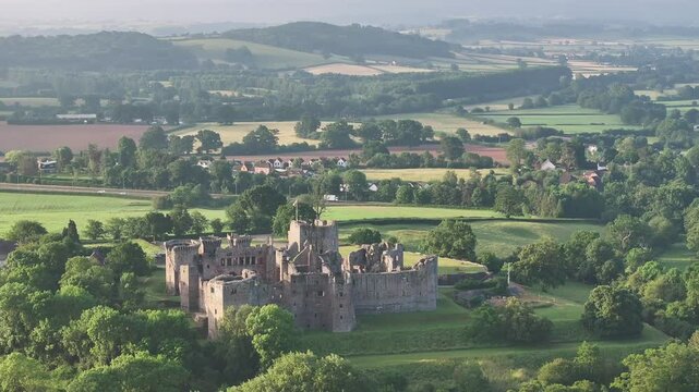 Aerial clip of Raglan Castle in Monmouthshire, Wales, United Kingdom, Europe