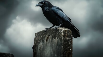 Fototapeta premium A crow perched on an old, cracked gravestone under a cloudy sky, [foreboding], [life and death intertwined]