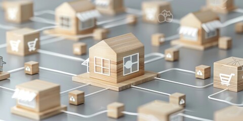 franchise business network concept with wooden blocks and connected store icons 3d rendering