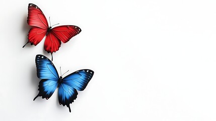 red and blue butterflys side on of the artboard, copy for text, white background