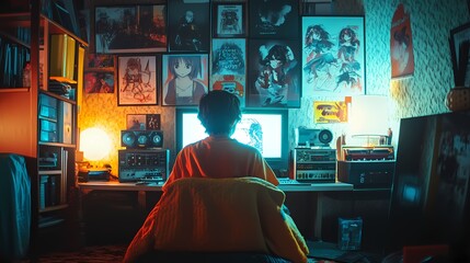 teenager in an 80's-themed bedroom, surrounded by nostalgic anime posters, relaxing with lo-fi music playing from a vintage boom box, the soft glow of desk lamps creating a calming atmosphere