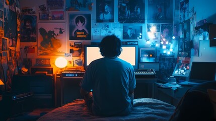 teenager in an 80's-themed bedroom, surrounded by nostalgic anime posters, relaxing with lo-fi music playing from a vintage boom box, the soft glow of desk lamps creating a calming atmosphere