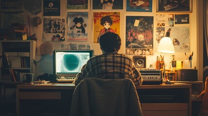 teenager in an 80's-themed bedroom, surrounded by nostalgic anime posters, relaxing with lo-fi music playing from a vintage boom box, the soft glow of desk lamps creating a calming atmosphere