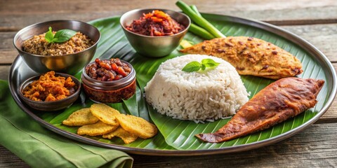 Traditional Kerala style non vegetarian meal with red rice, coconut stir fried onions
