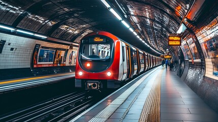An underground metro station with a train arriving at the platform