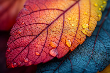 Close-up of a vibrant red and yellow leaf with water droplets.