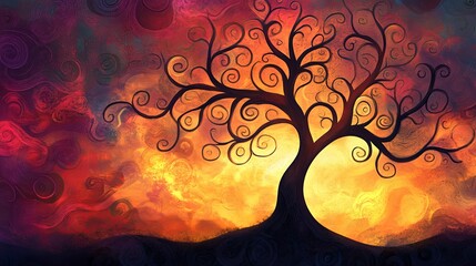 Abstract Tree Silhouette with Swirling Sunset Sky