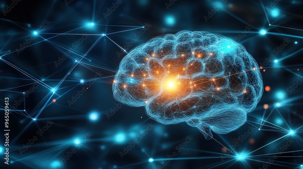 Poster Digital Brain Network: A 3D Digital Illustration of a Brain Connected by a Network of Lines and Light.
