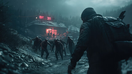 A dramatic night scene of zombies attacking a remote research station, with the undead emerging from the darkness and surrounding the facility.