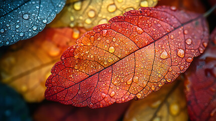 Fototapeta premium Closeup of a red leaf with water droplets.