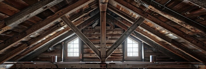 Fototapeta premium Timber rafters of a roof framework in an attic space