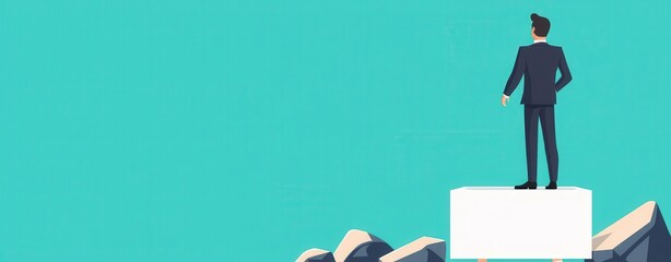 A businessman stands on a platform overlooking a vast landscape, symbolizing opportunity, ambition, and strategic vision.