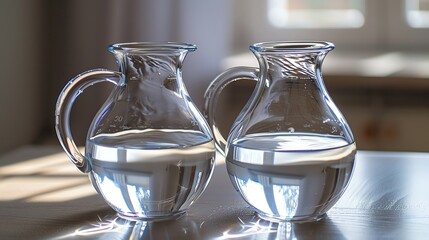 Two glass pitchers filled with water on a table.