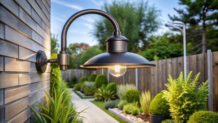 A stylish modern gooseneck outdoor light fixture features an adjustable arm that can be directed to highlight specific
